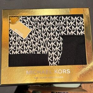 Michael Kors Black & White MK Logo Hat, Scarf & Gloves Set